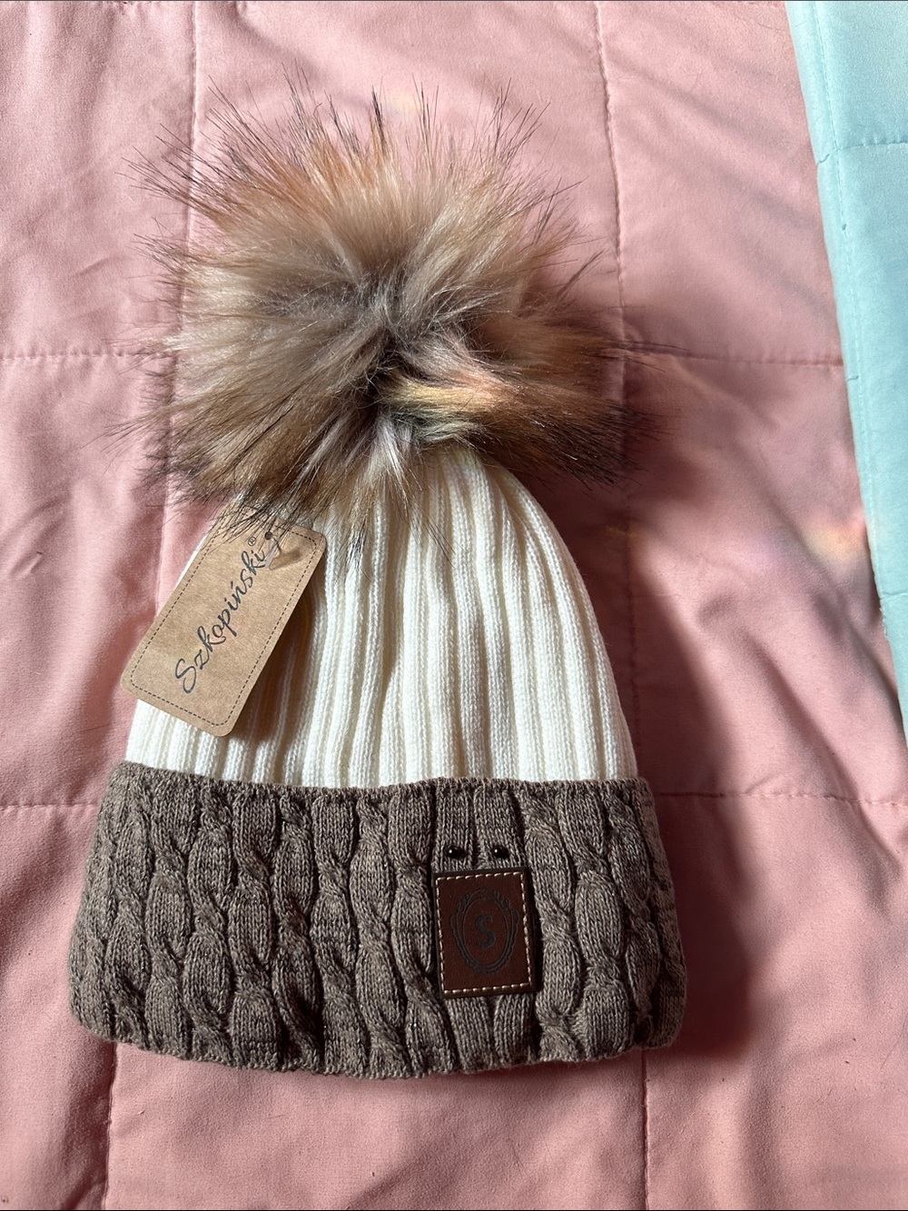 Szkopinski Cream & Brown Pom Pom Beanie